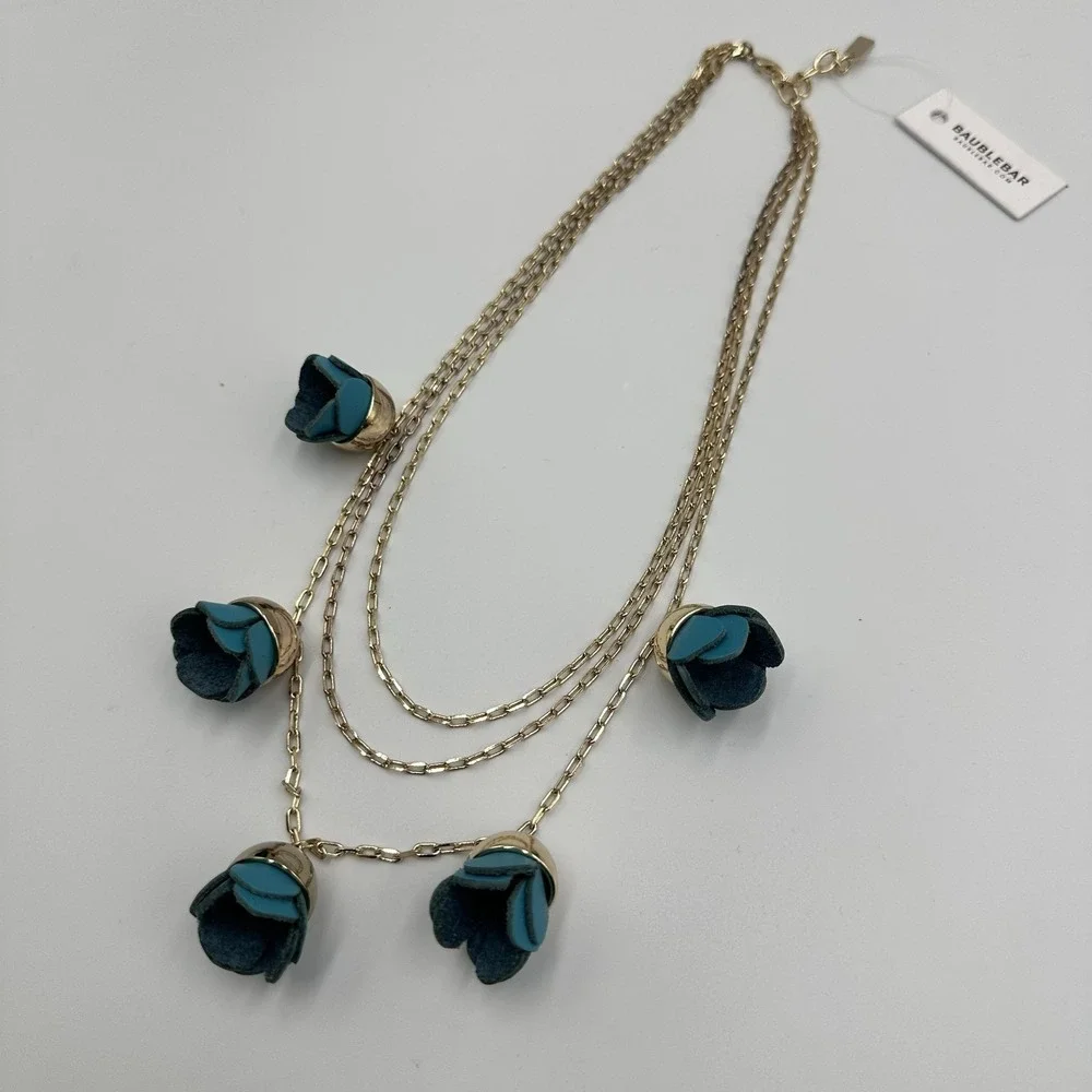 BaubleBar Triple Layer Gold Tone Turquoise Leather Tulip Flower Charm Necklace N